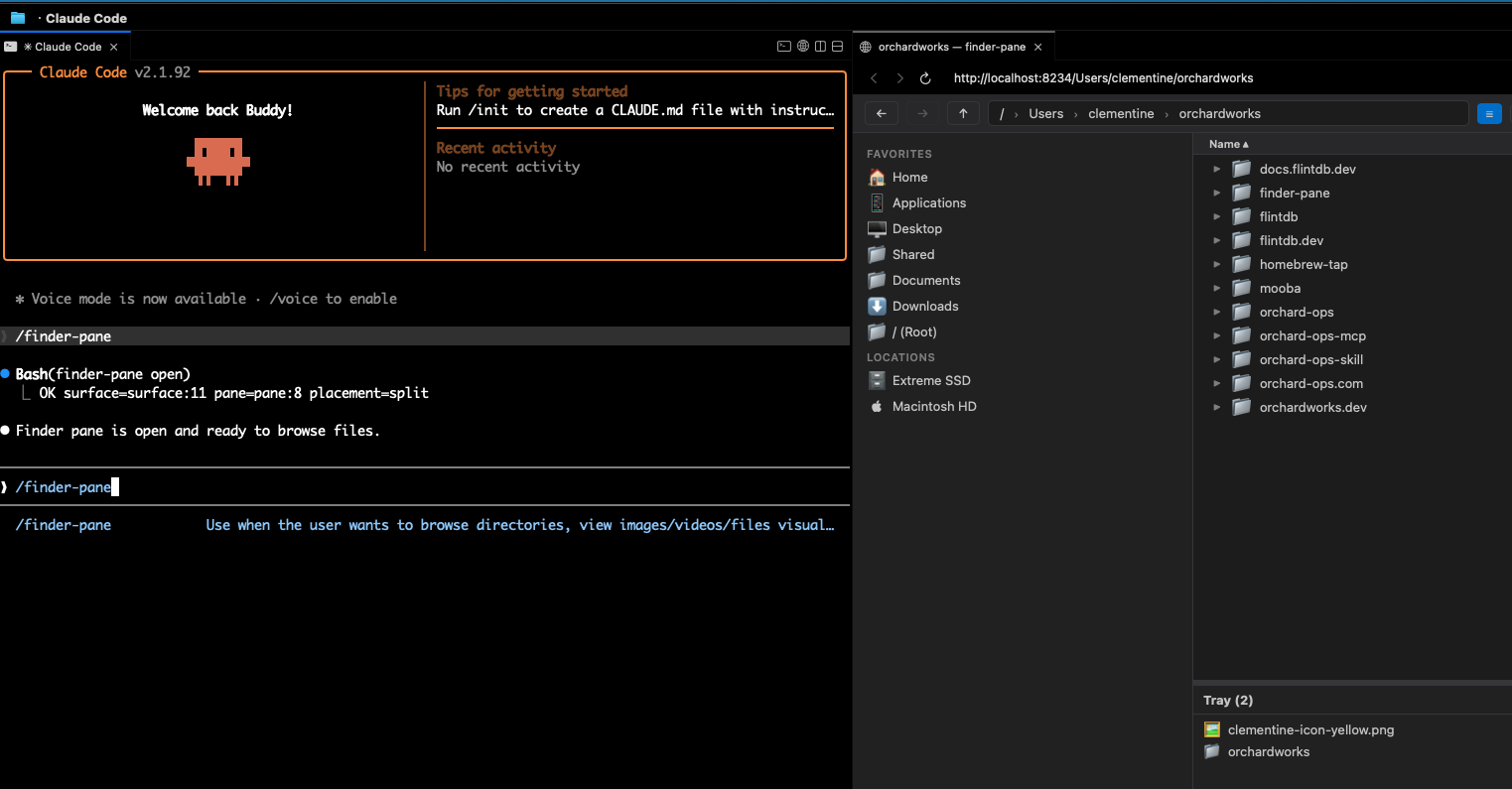 Claude Code and finder-pane side by side in cmux